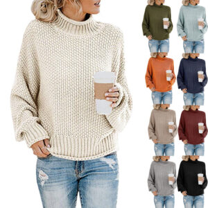 Solid Turtleneck Pullover Sweater Winter Fashion Casual Knitted Long-Sleeved Top Women's Clothing